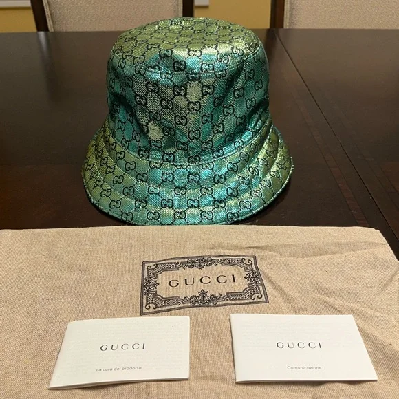 New Gucci GG Supreme Logo Green Floral Double Sided Bucket Hat Size L